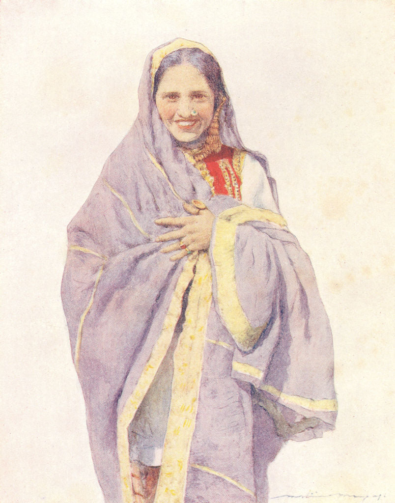 INDIA. Indian lady wearing purple Sari, smiling 1905 old antique print picture